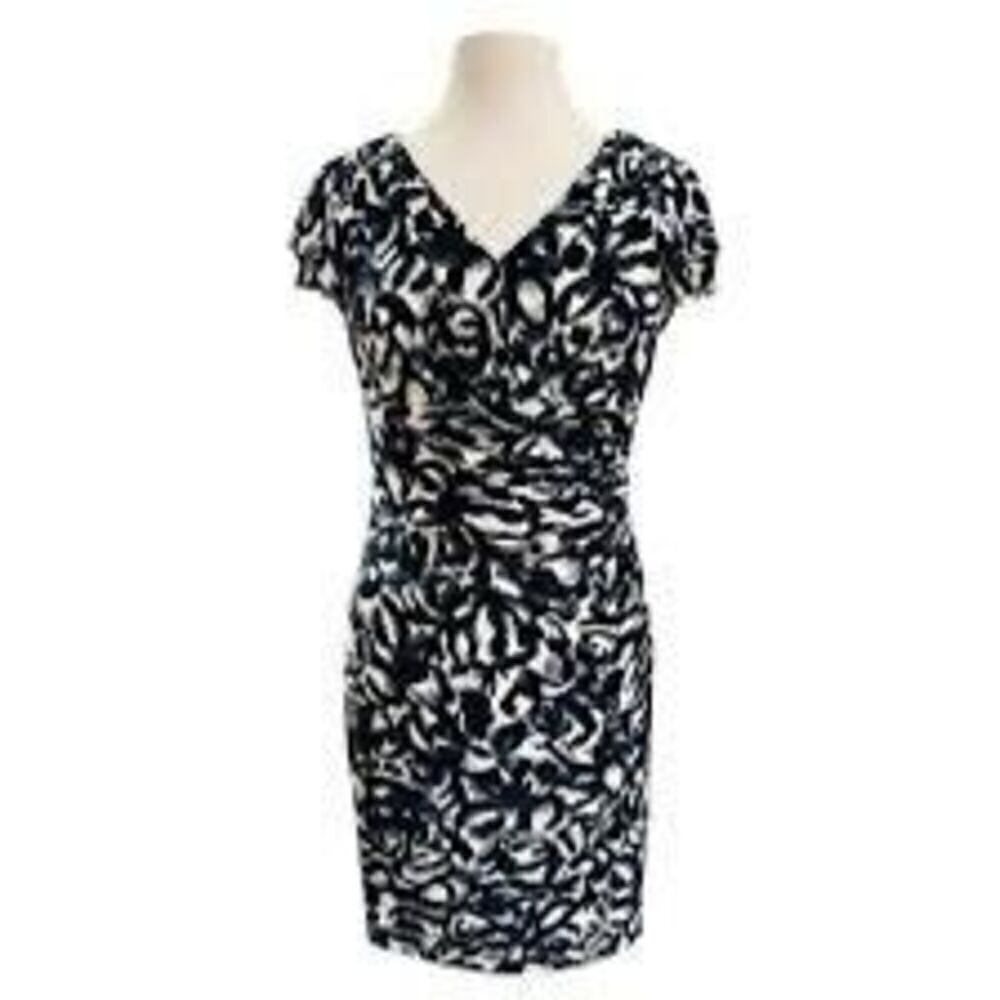 Ralph Lauren Womens 10 Ruffle Sleeve V-Neck Sheath Dress Blue Black Floral Swirl